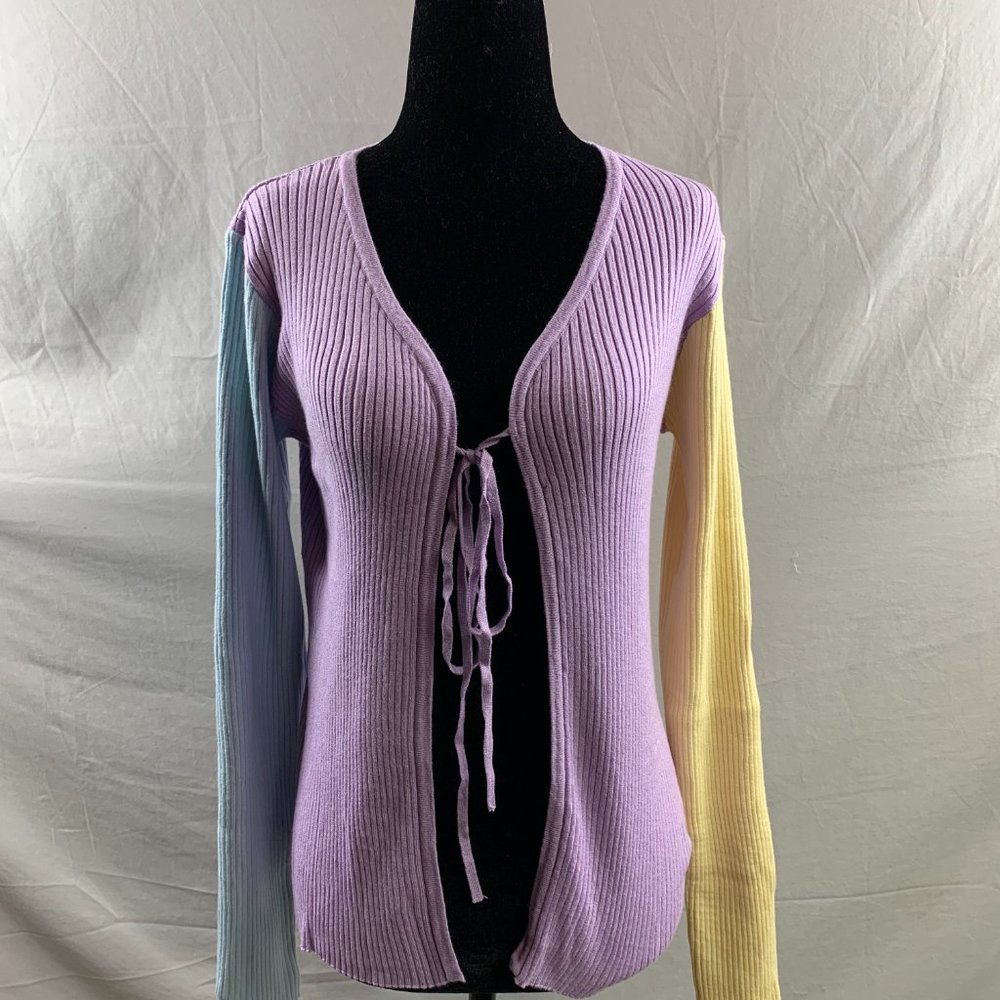 Rib Knit Tie Front Color Block Cardigan - Picture 6 of 7